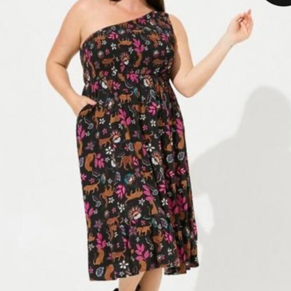 torrid Dresses & Skirts - Torrid Midi Challis One-Shoulder Dress  Leopard Leaves Deep Black.   Make Offer!
